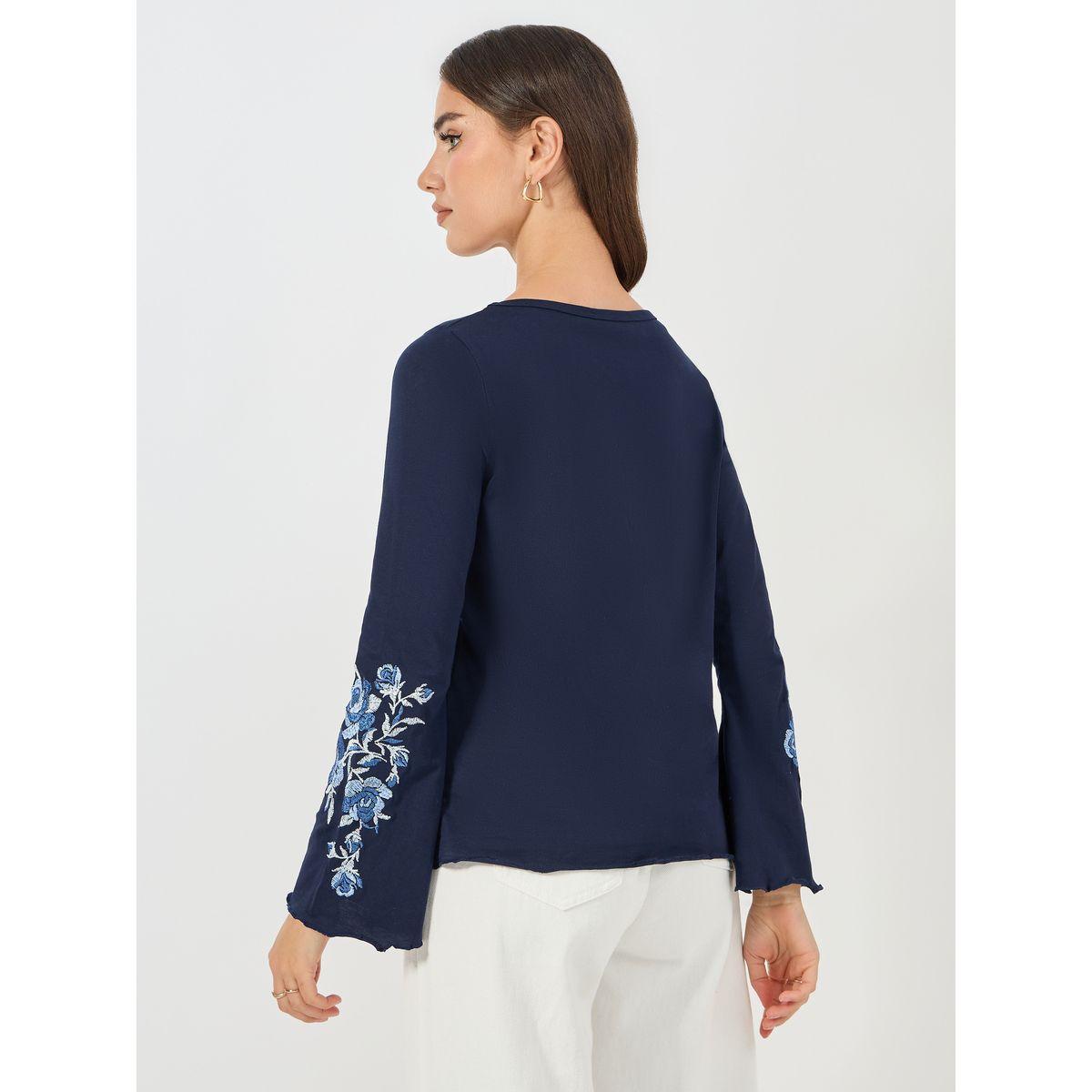 Styli Elevate Embroidery Cuff Detail Bell Sleeves T-Shirt-women-clothing-tshirts-image-4