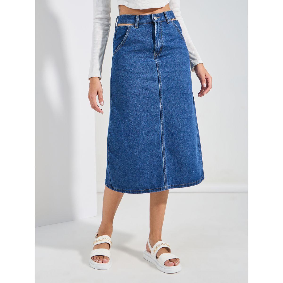 Buy Women s Styli Cut Out Detail Denim Midi Skirt Online Centrepoint KSA