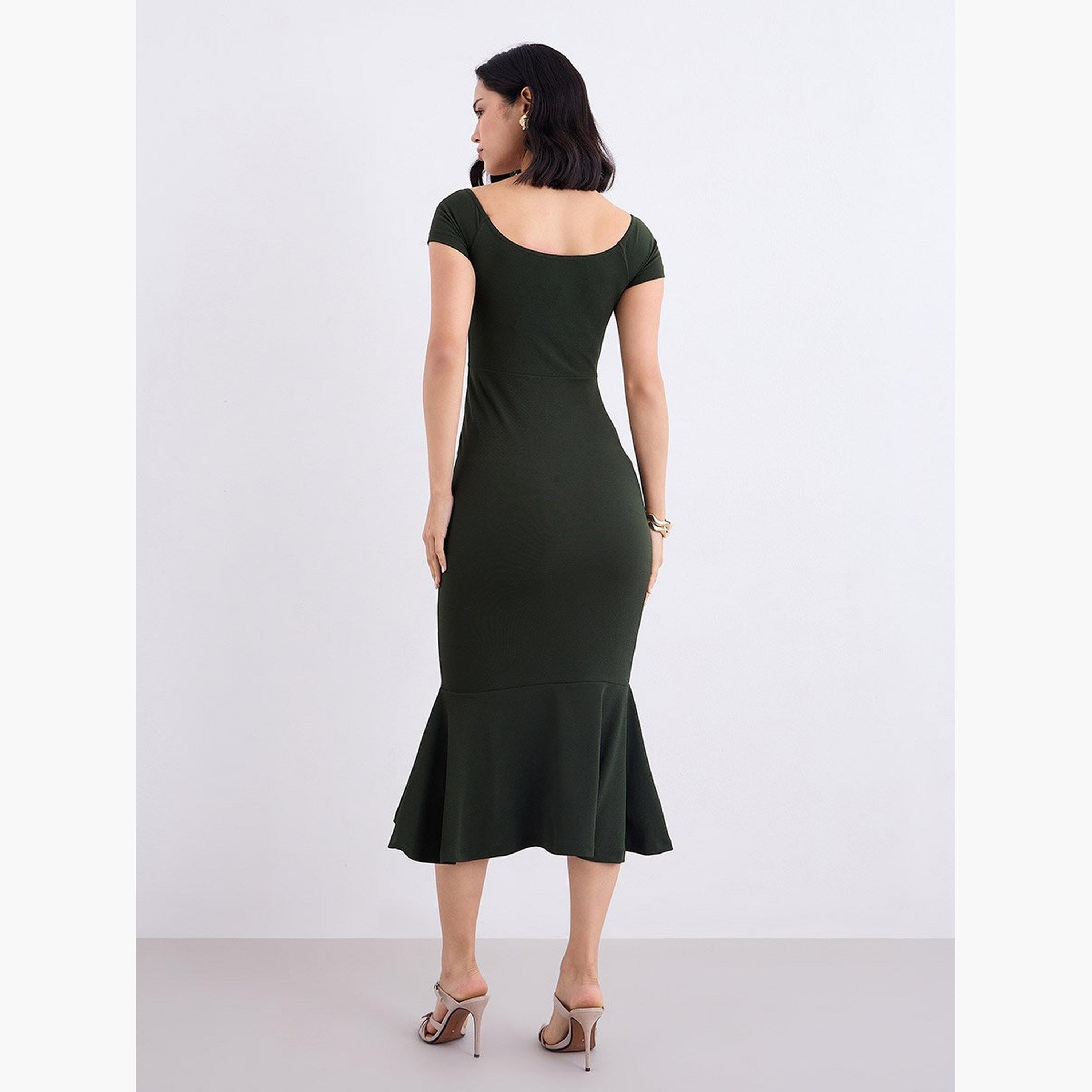 ستايلي - فستان ميدي ضيق بفتحة صدر على شكل قلب زيتوني-women-clothing-dresses-image-5