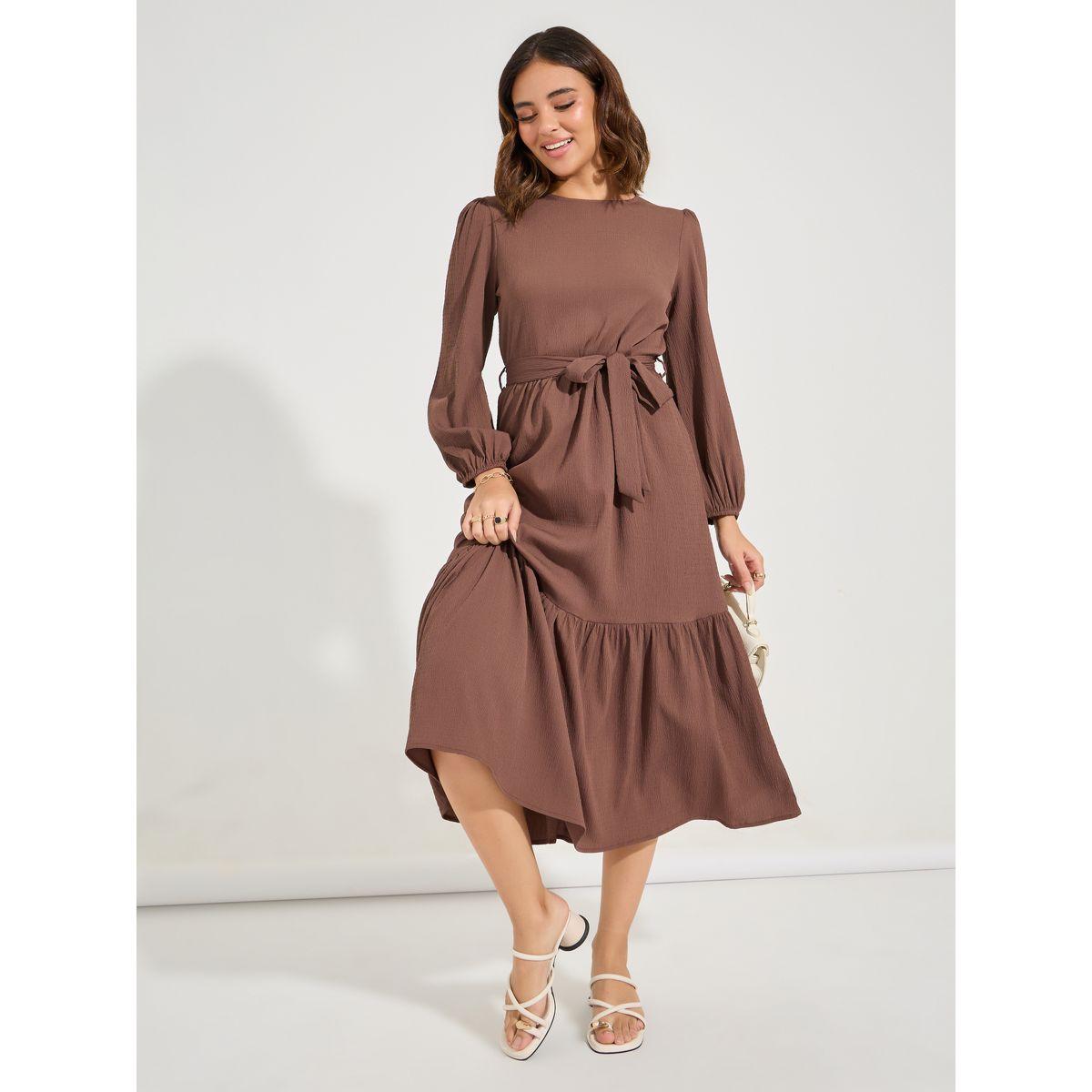 Styli Self Design Long Sleeves Midi Dress with Tie Belt-women-clothing-dresses-image-1