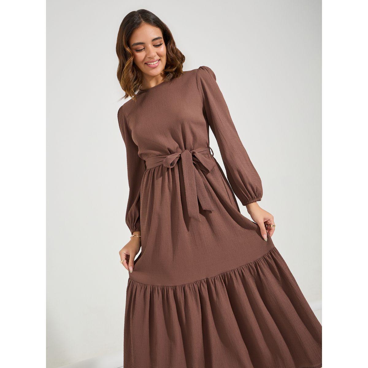 Styli Self Design Long Sleeves Midi Dress with Tie Belt-women-clothing-dresses-image-2
