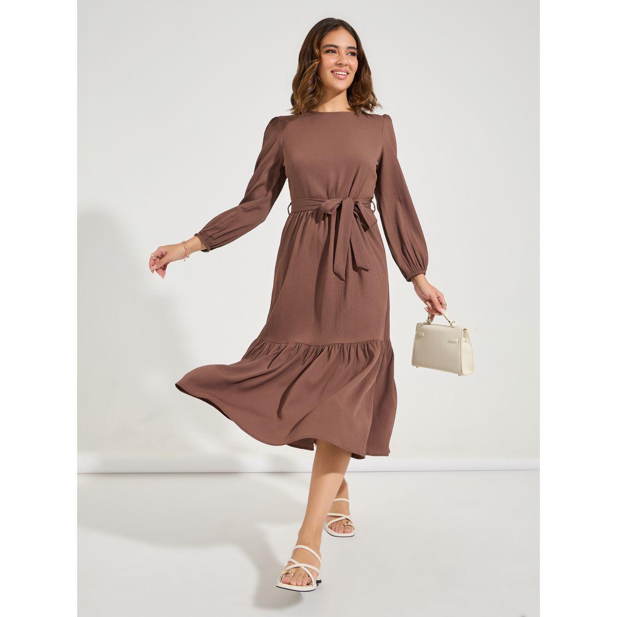 Styli Self Design Long Sleeves Midi Dress with Tie Belt-women-clothing-dresses-image-4