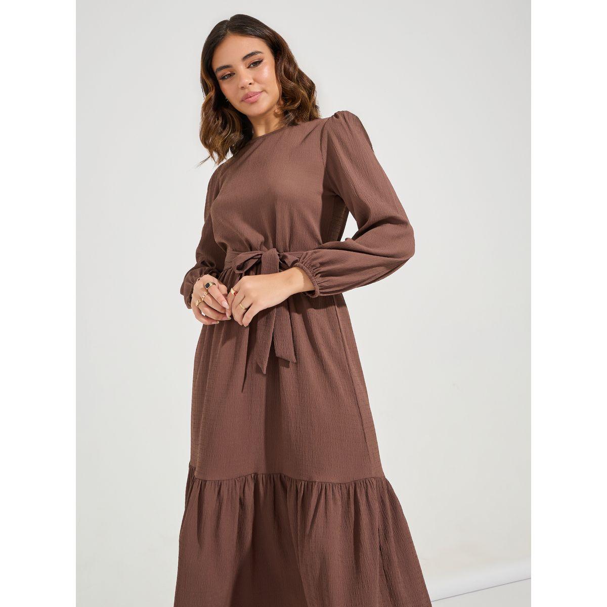 Styli Self Design Long Sleeves Midi Dress with Tie Belt-women-clothing-dresses-image-5