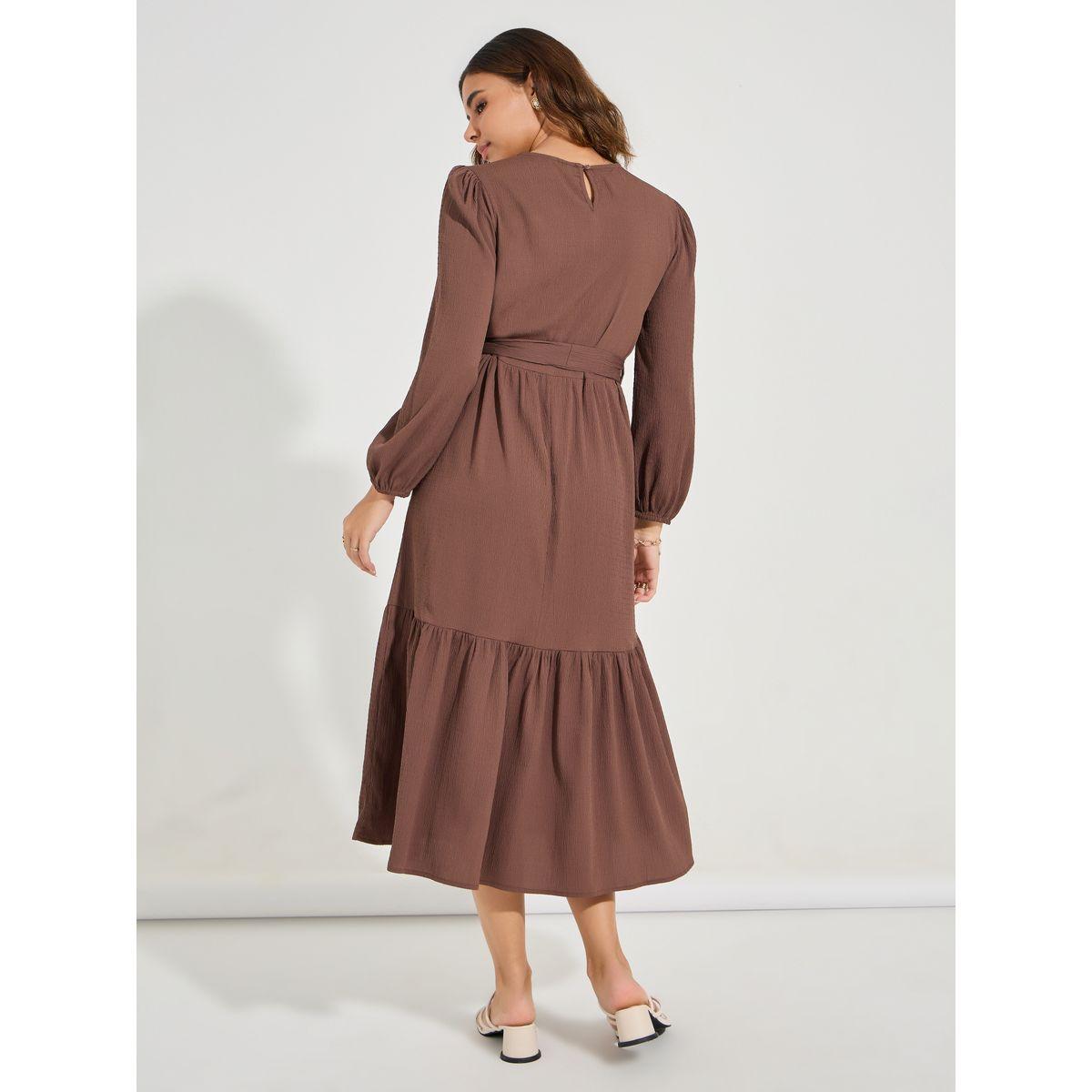 Styli Self Design Long Sleeves Midi Dress with Tie Belt-women-clothing-dresses-image-6