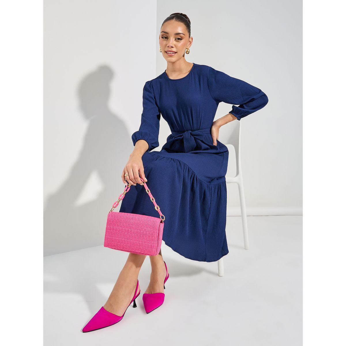 Styli Self Design Long Sleeves Midi Dress with Tie Belt-women-clothing-dresses-image-1