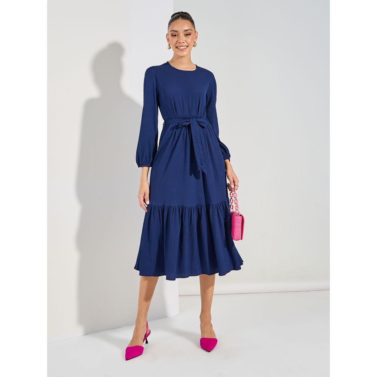 فستان ميدي بتصميم خاص مع اكمام طويلة وحزام-women-clothing-dresses-image-2