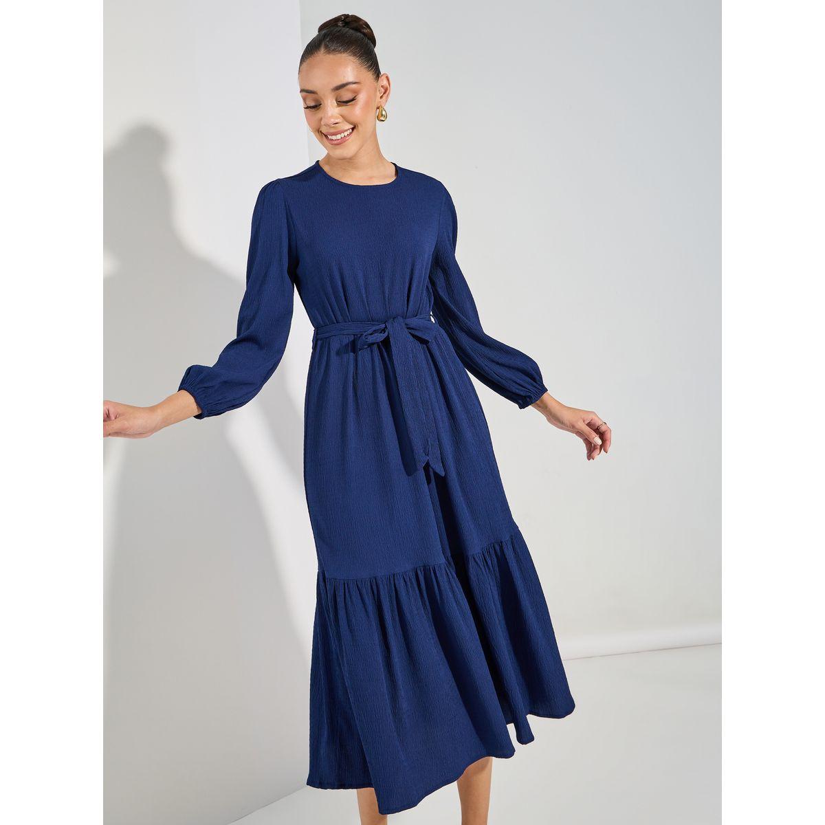 Styli Self Design Long Sleeves Midi Dress with Tie Belt-women-clothing-dresses-image-3