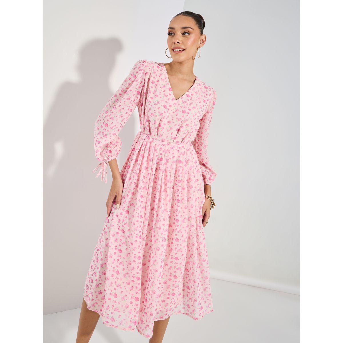 Styli Floral Print Tie-Cuff Sleeves Midi Dress-women-clothing-dresses-image-1