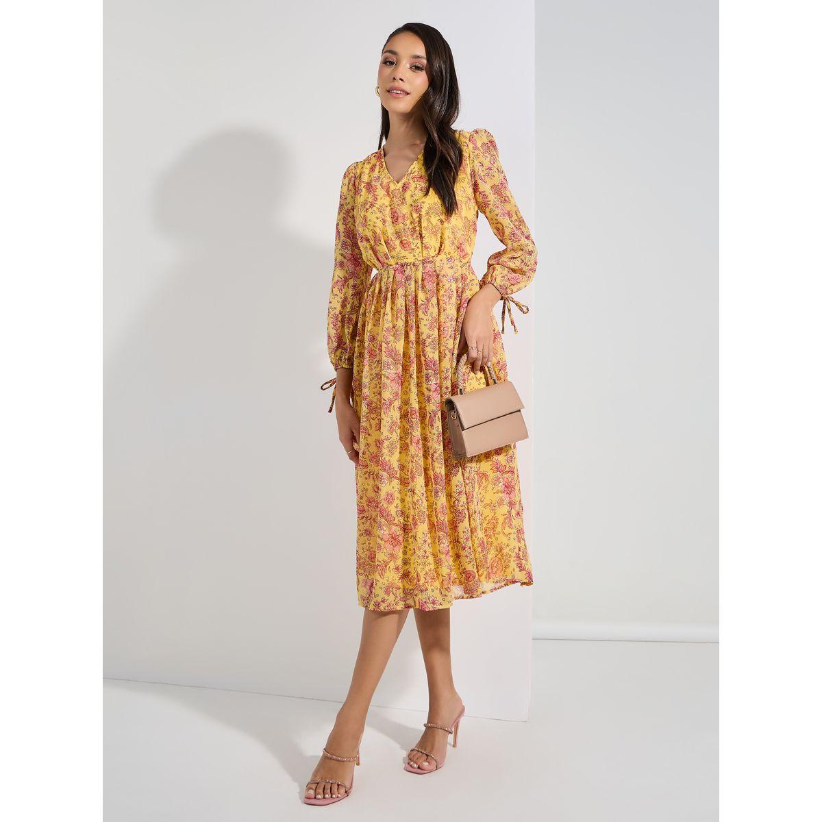 فستان ميدي مطبع بزهور مع اكمام باساور واربطة-women-clothing-dresses-image-1