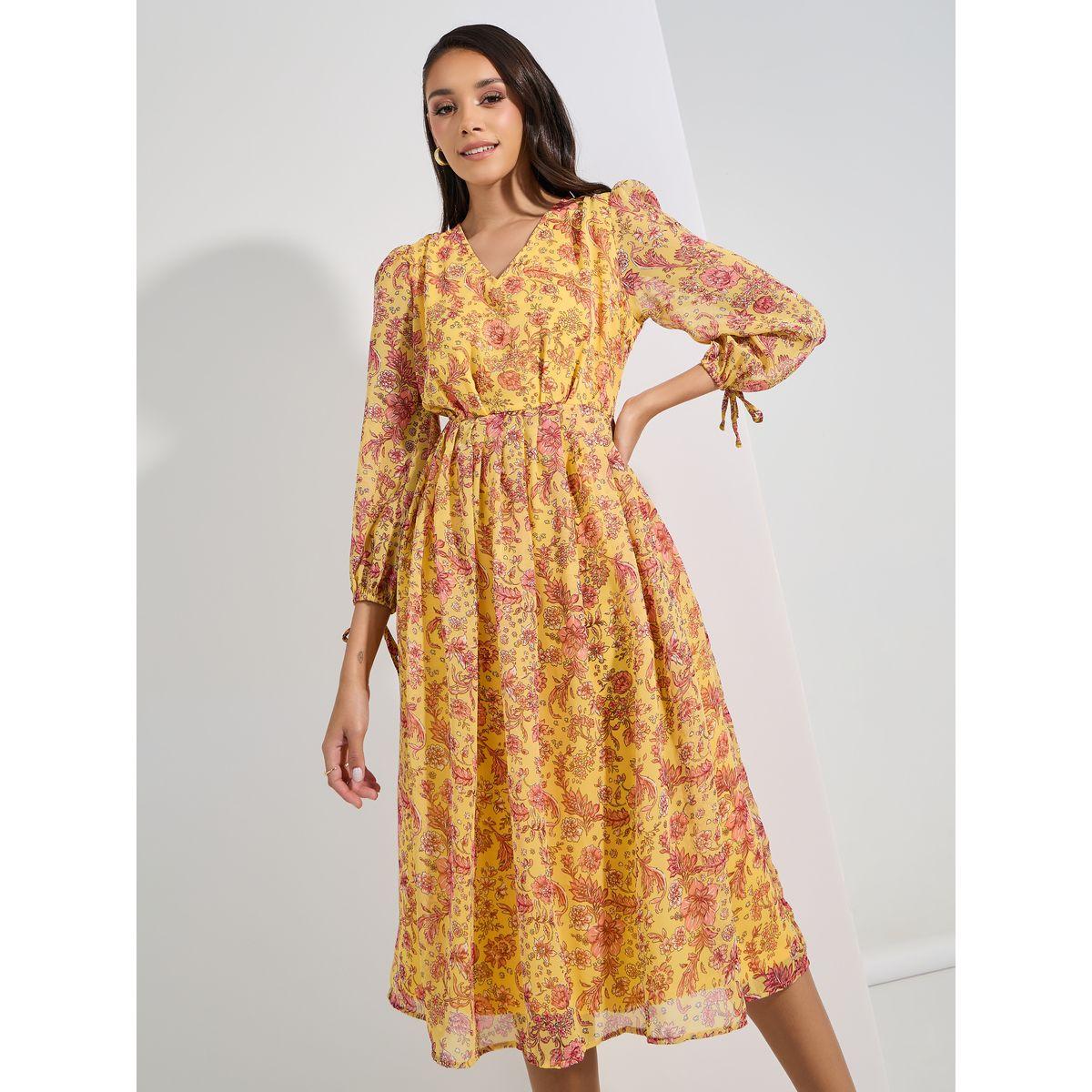 فستان ميدي مطبع بزهور مع اكمام باساور واربطة-women-clothing-dresses-image-2