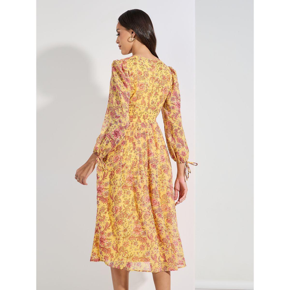 فستان ميدي مطبع بزهور مع اكمام باساور واربطة-women-clothing-dresses-image-4