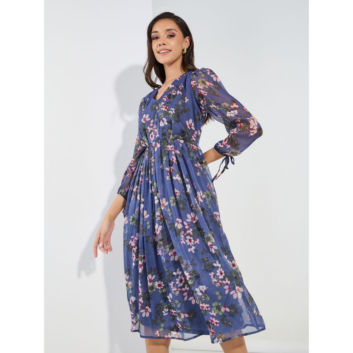 Styli Floral Print Tie-Cuff Sleeves A-Line Midi Dress-women-clothing-dresses-image-1