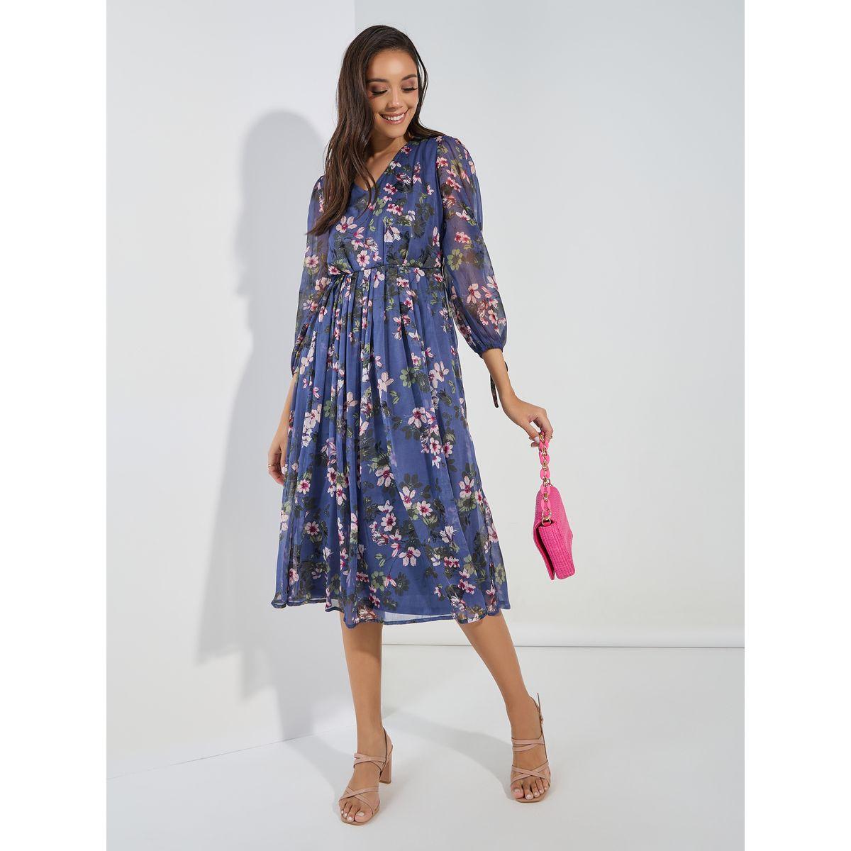 Styli Floral Print Tie-Cuff Sleeves A-Line Midi Dress-women-clothing-dresses-image-2