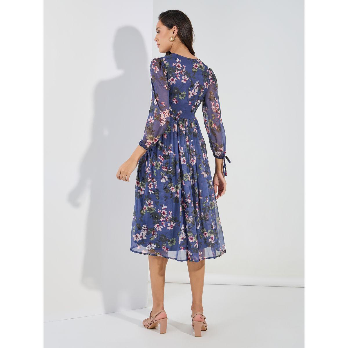 Styli Floral Print Tie-Cuff Sleeves A-Line Midi Dress-women-clothing-dresses-image-4