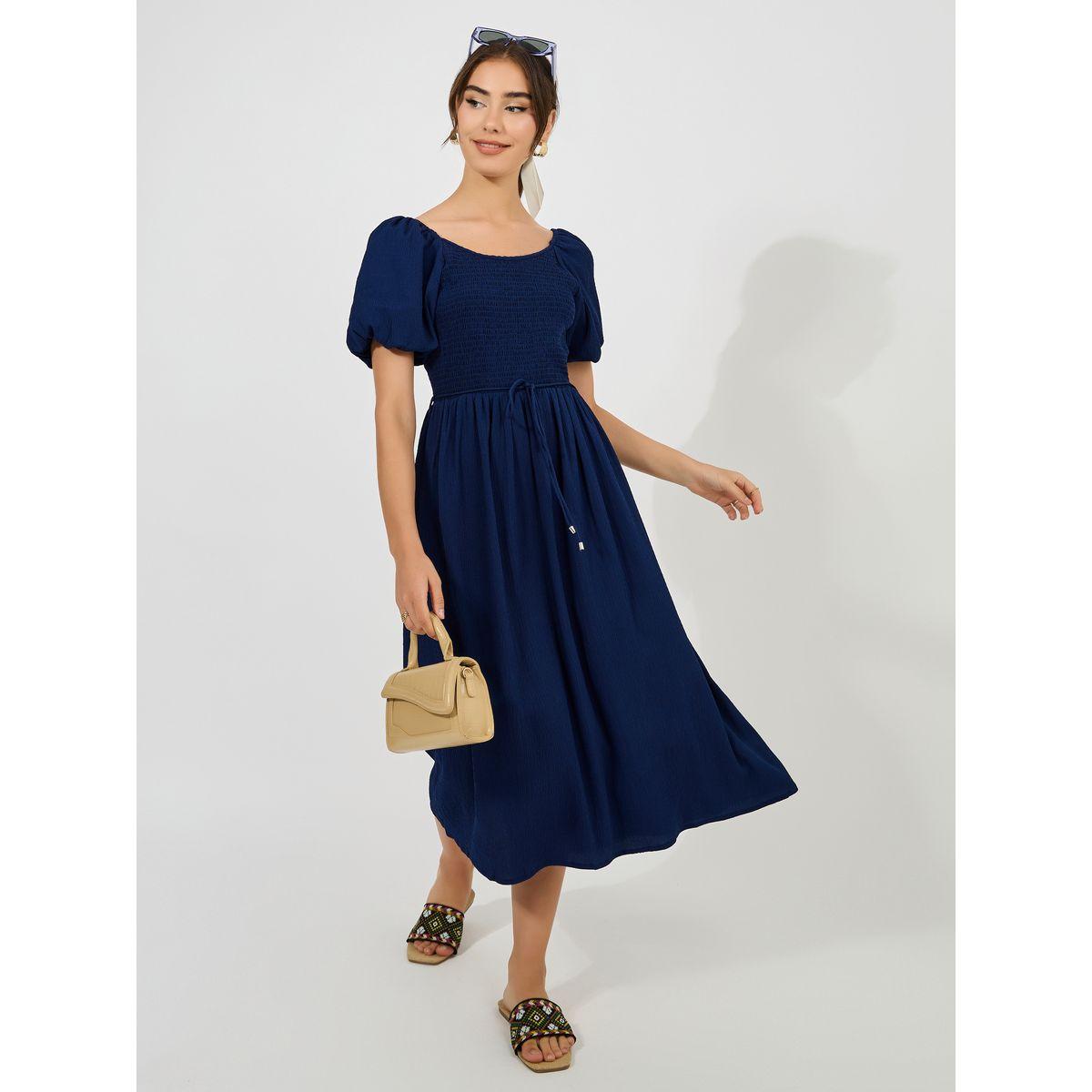 فستان ميدي سادة بتفاصيل بارزة الملمس-women-clothing-dresses-image-1