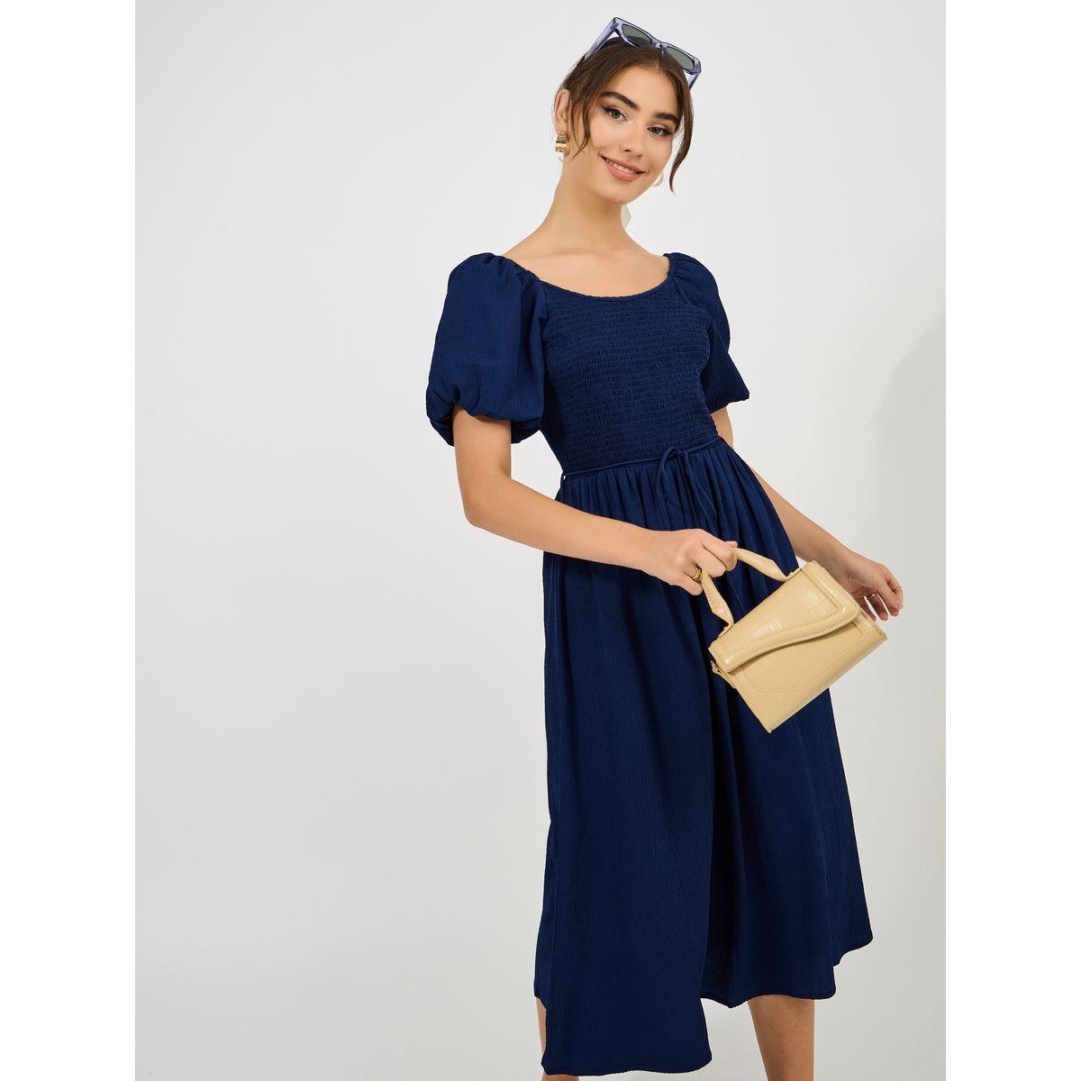 Styli Solid Smocked A-Line Midi Dress-women-clothing-dresses-image-2