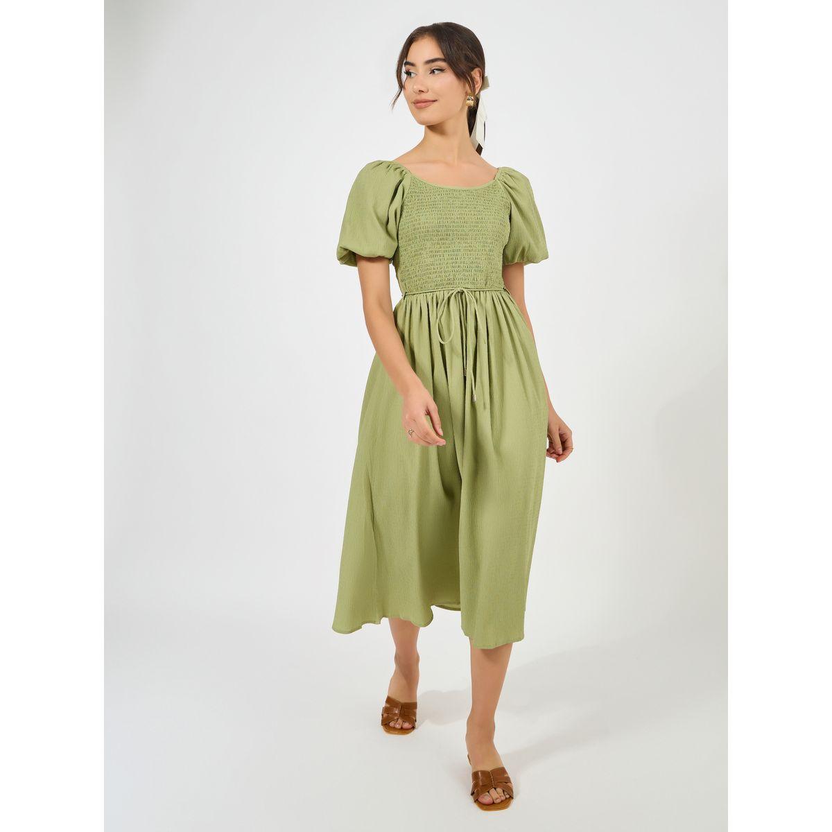 Styli Solid Smocked A-Line Midi Dress-women-clothing-dresses-image-1