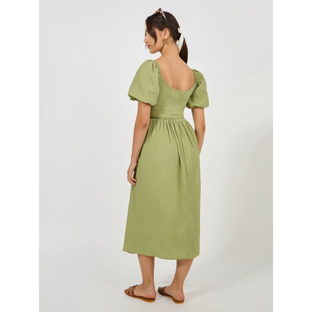 فستان ميدي سادة بحافة واسعة وتفاصيل بارزة الملمس-women-clothing-dresses-image-4