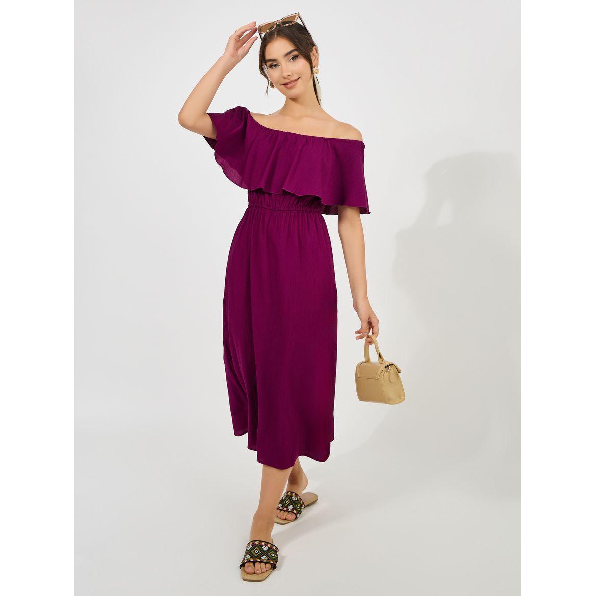 Styli Plain Off Shoulder Neck A-Line Midi Dress-women-clothing-dresses-image-1
