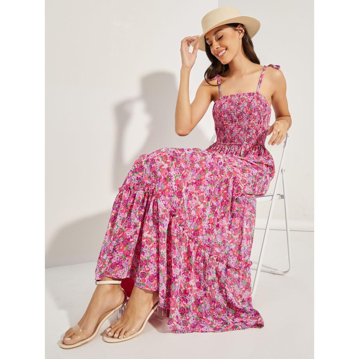 فستان طويل مطبع بزهور مع اكتاف باربطة-women-clothing-dresses-image-1