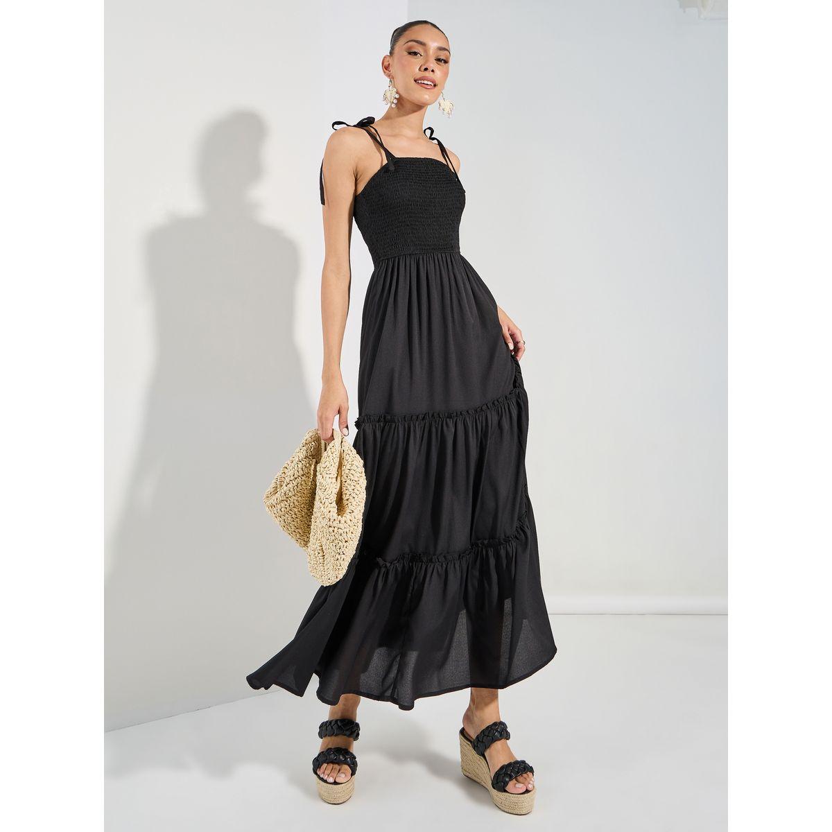 Styli Tie-Up Strap Shirred Yoke Maxi Dress-women-clothing-dresses-image-1