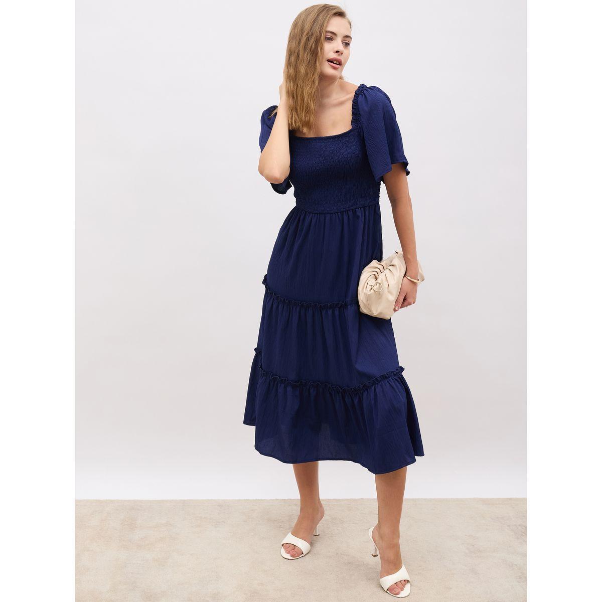 فستان ميدي بكسرات وياقة مربعة-women-clothing-dresses-image-1
