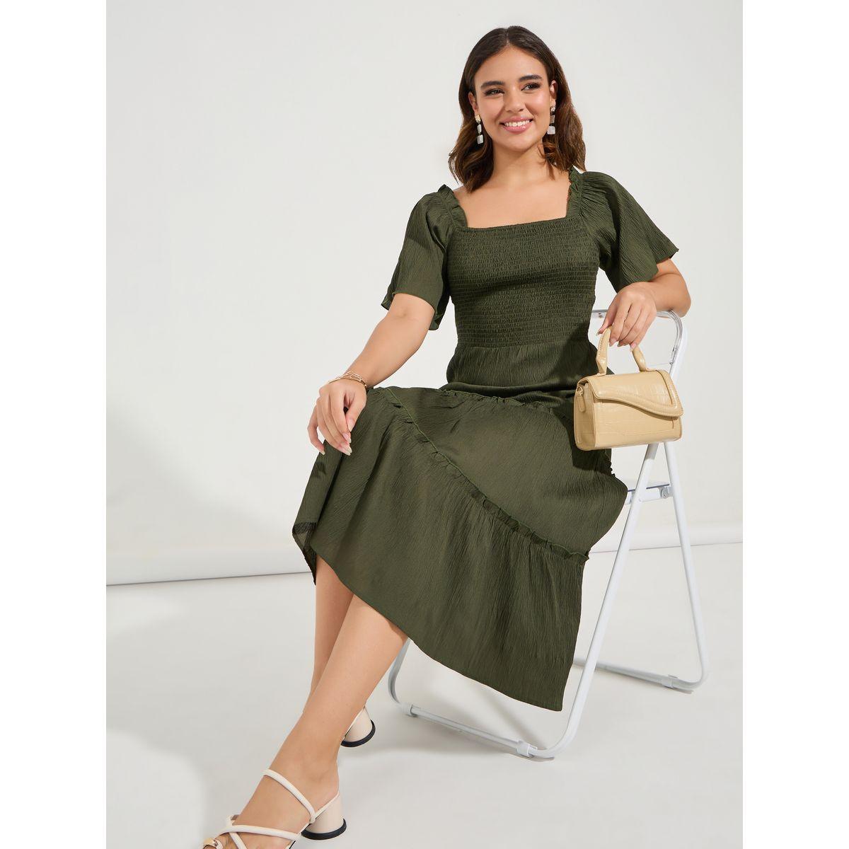 Styli Shirred Square Neck Tiered Midi Dress-women-clothing-dresses-image-1
