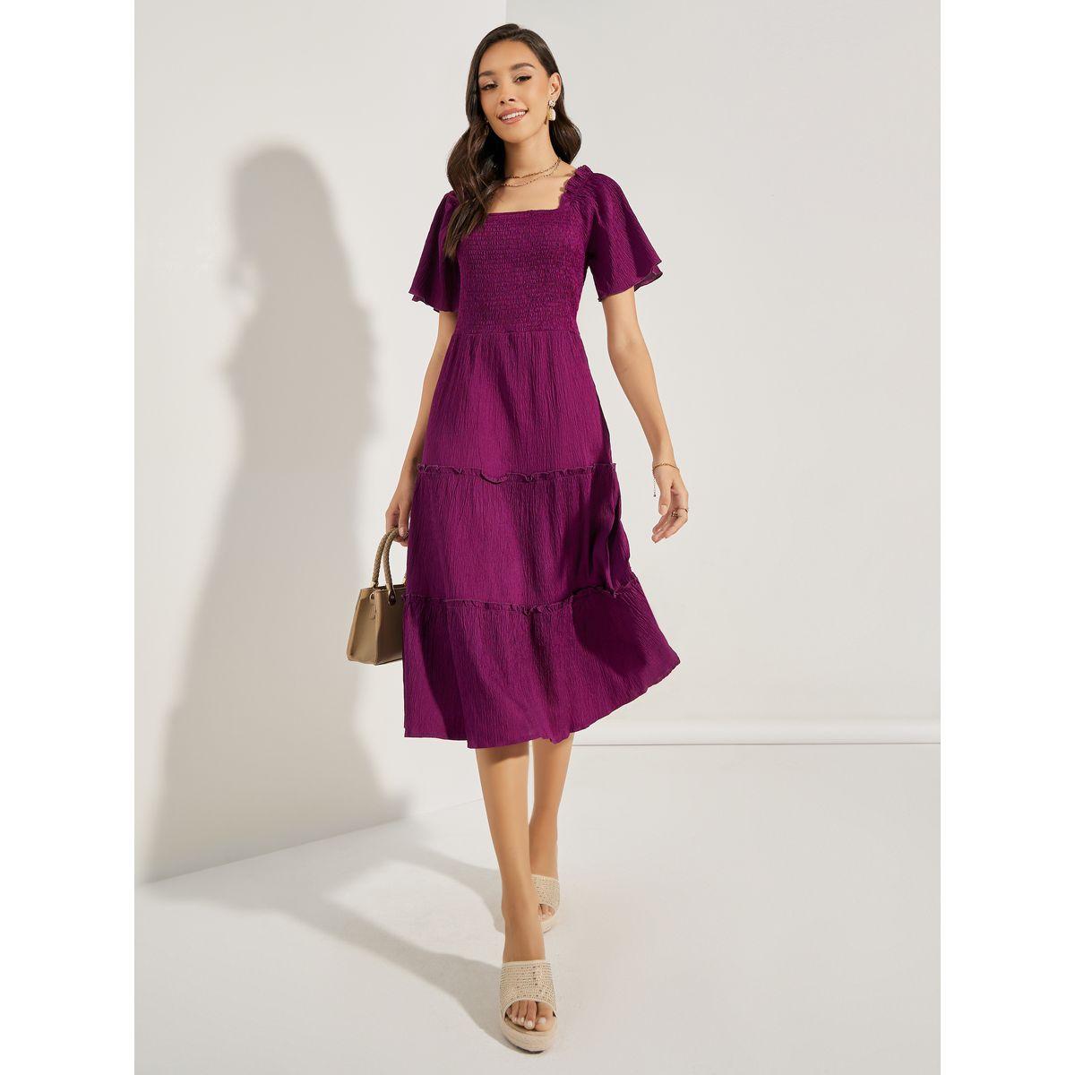 Styli Shirred Square Neck Tiered Midi Dress-women-clothing-dresses-image-1