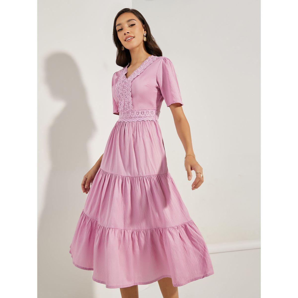 فستان ميدي بكسرات وتفاصيل دانتيل-women-clothing-dresses-image-2
