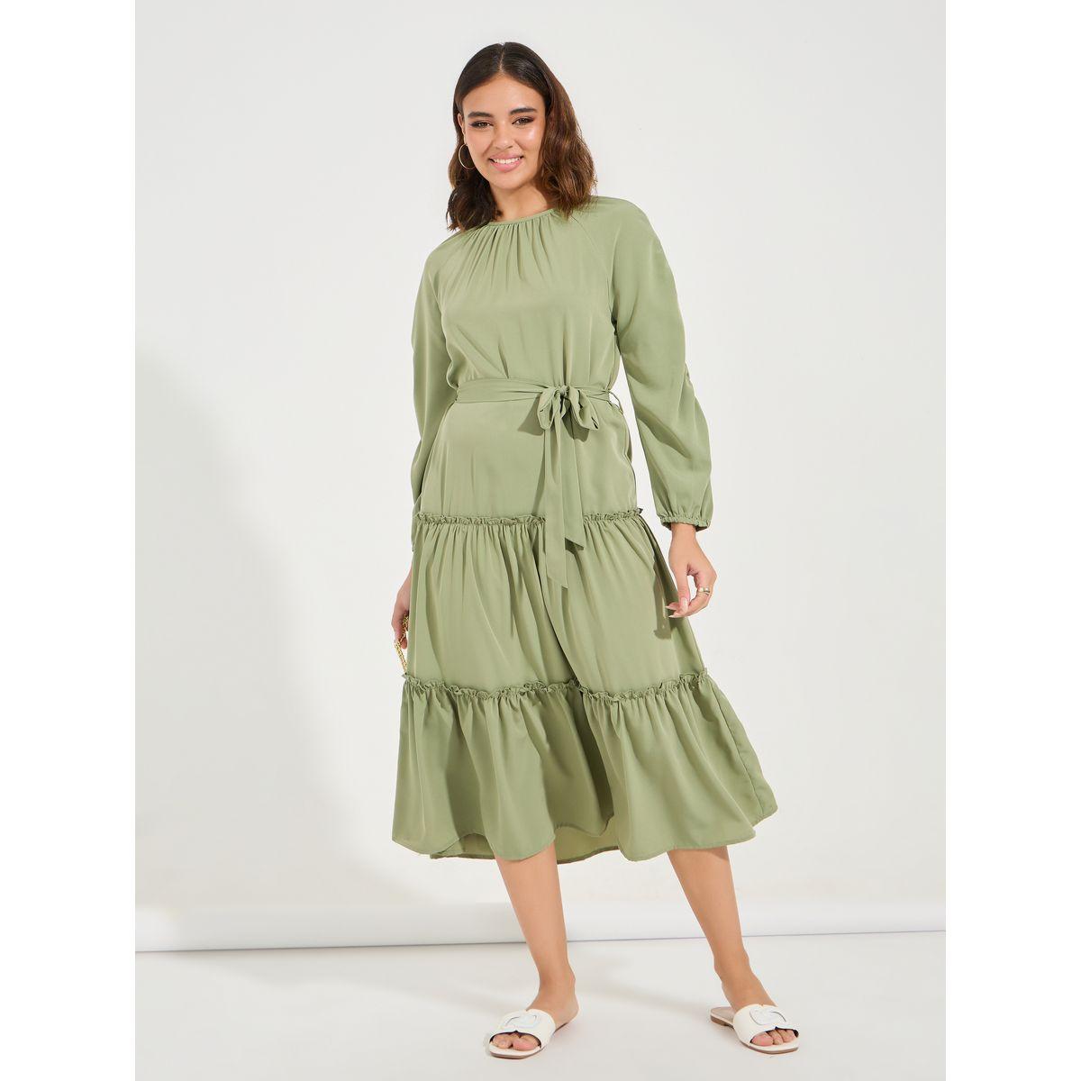 فستان ميدي سادة بكسرات مع اكمام طويلة-women-clothing-dresses-image-1