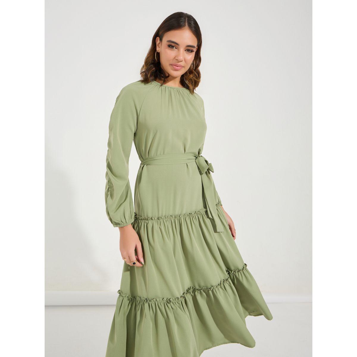 فستان ميدي سادة بكسرات مع اكمام طويلة-women-clothing-dresses-image-2