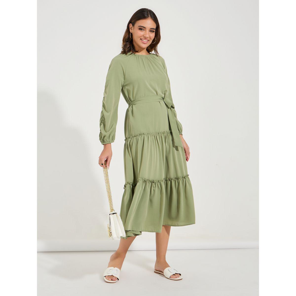 فستان ميدي سادة بكسرات مع اكمام طويلة-women-clothing-dresses-image-4