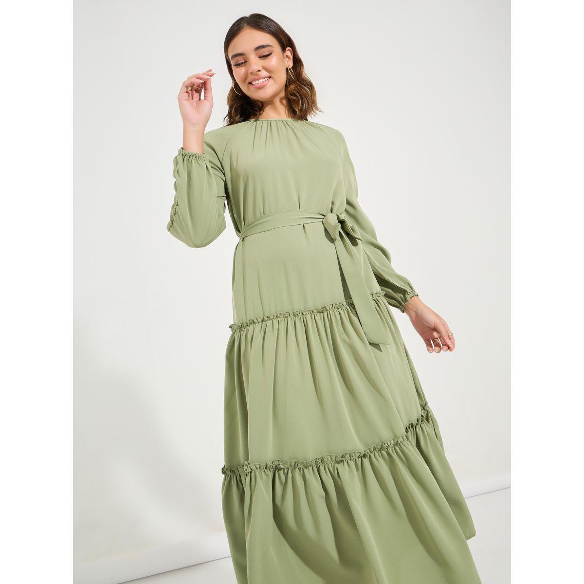 فستان ميدي سادة بكسرات مع اكمام طويلة-women-clothing-dresses-image-5