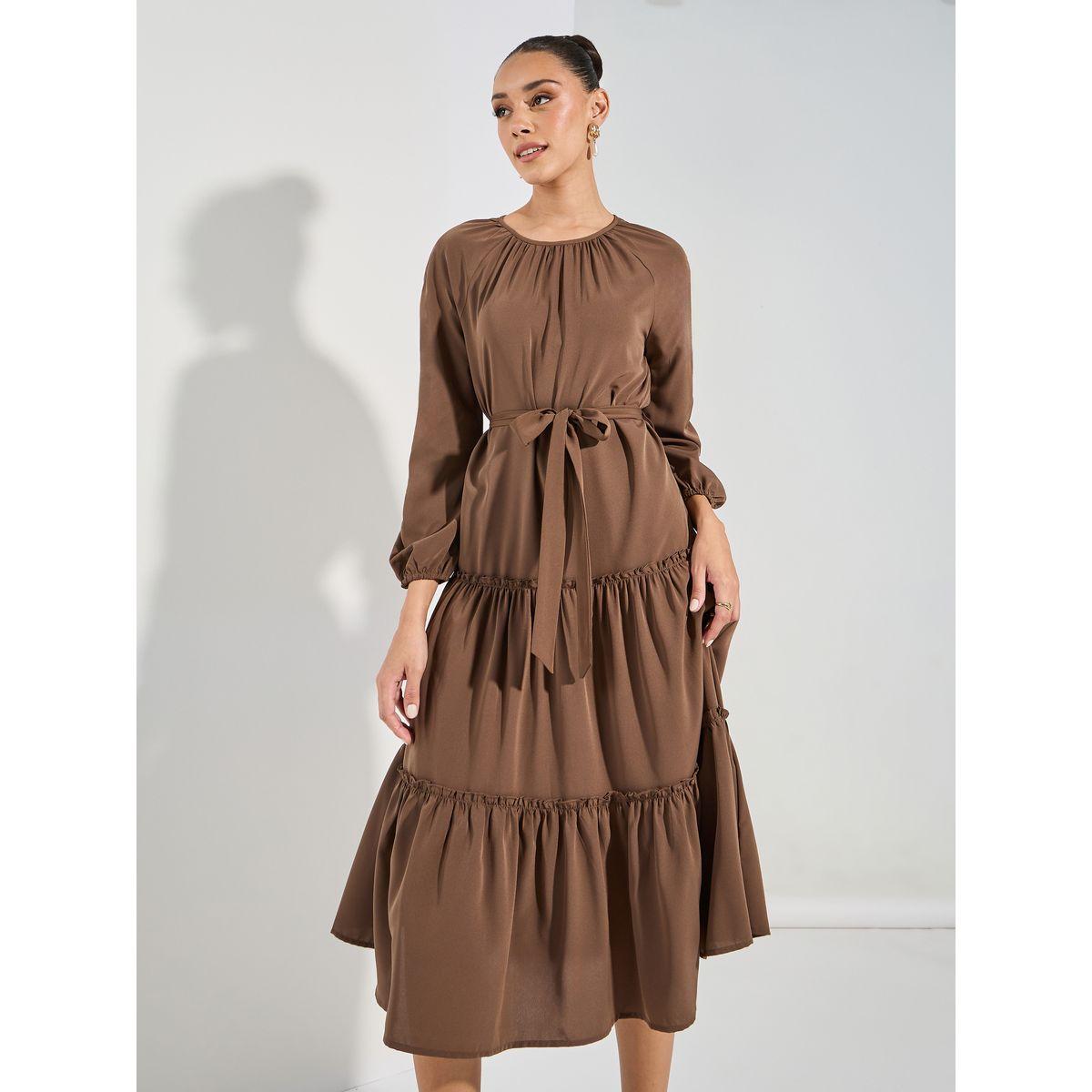 Styli Plain Long Sleeves Tiered Midi Dress-women-clothing-dresses-image-2