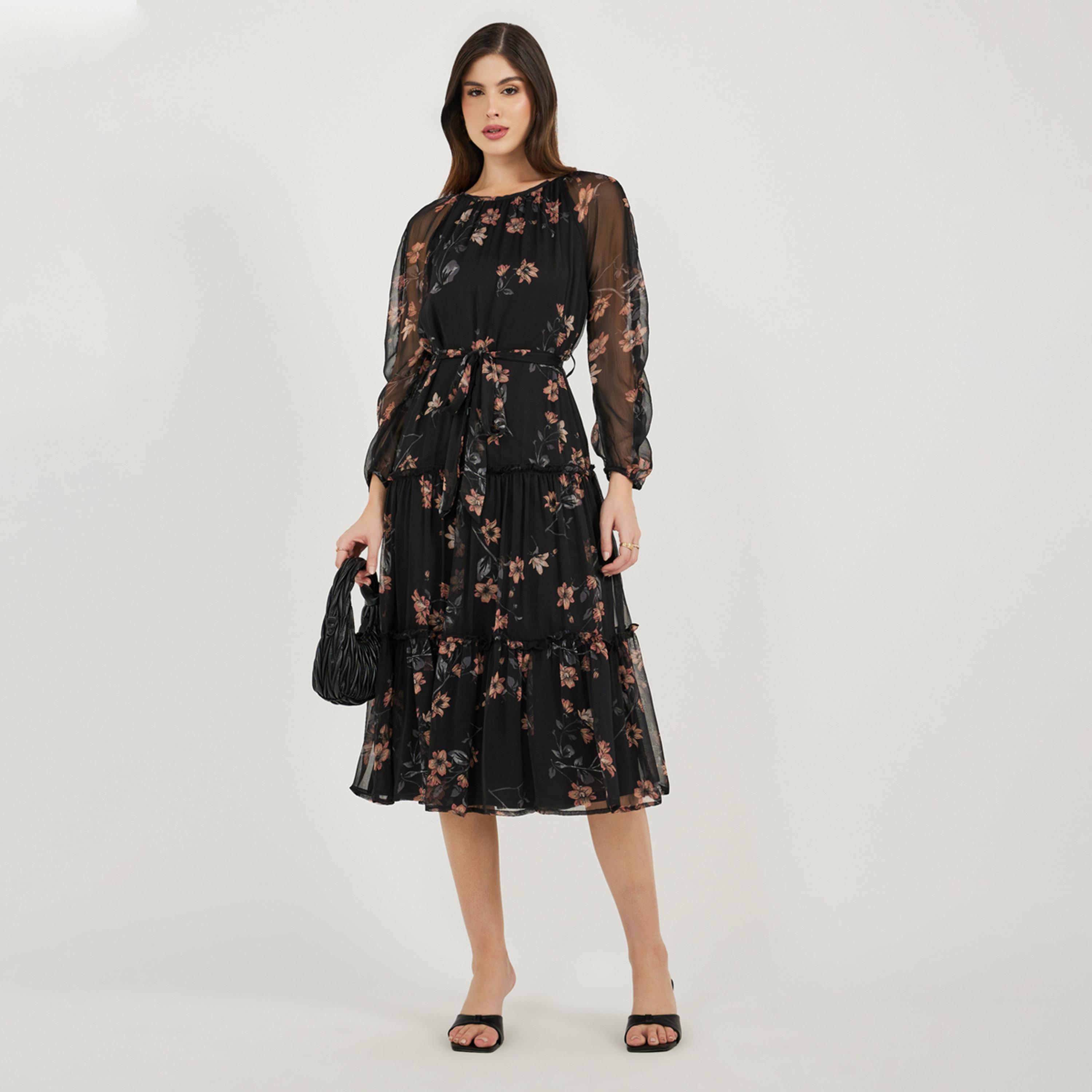 Styli Floral Print Long Sleeves Tiered Midi Dress-women-clothing-dresses-image-1