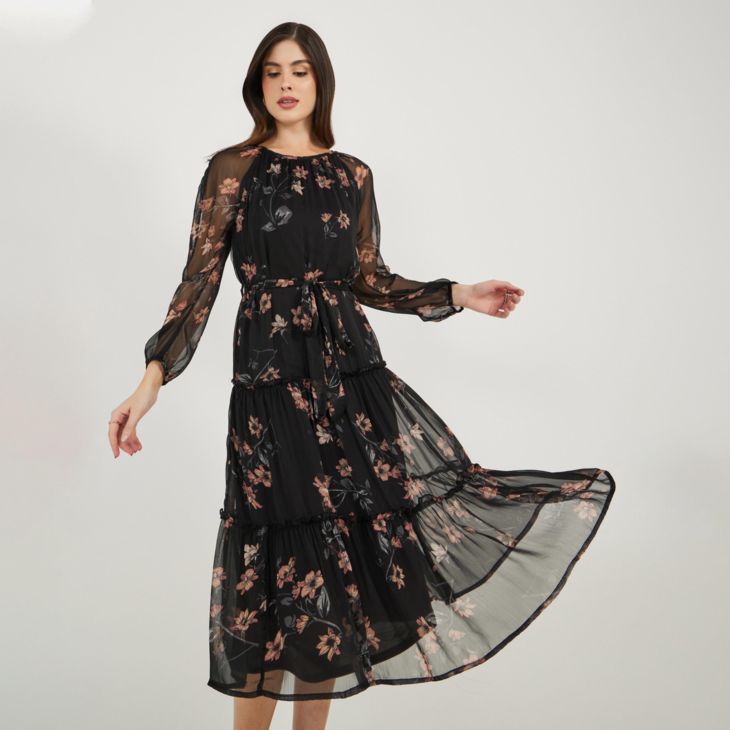 Styli Floral Print Long Sleeves Tiered Midi Dress-women-clothing-dresses-image-2