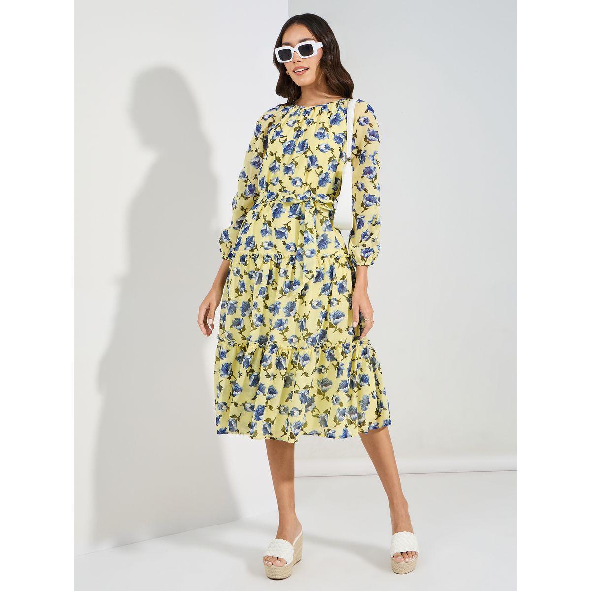 فستان ميدي بكسرات وطبعة زهور مع حزام خصر-women-clothing-dresses-image-1