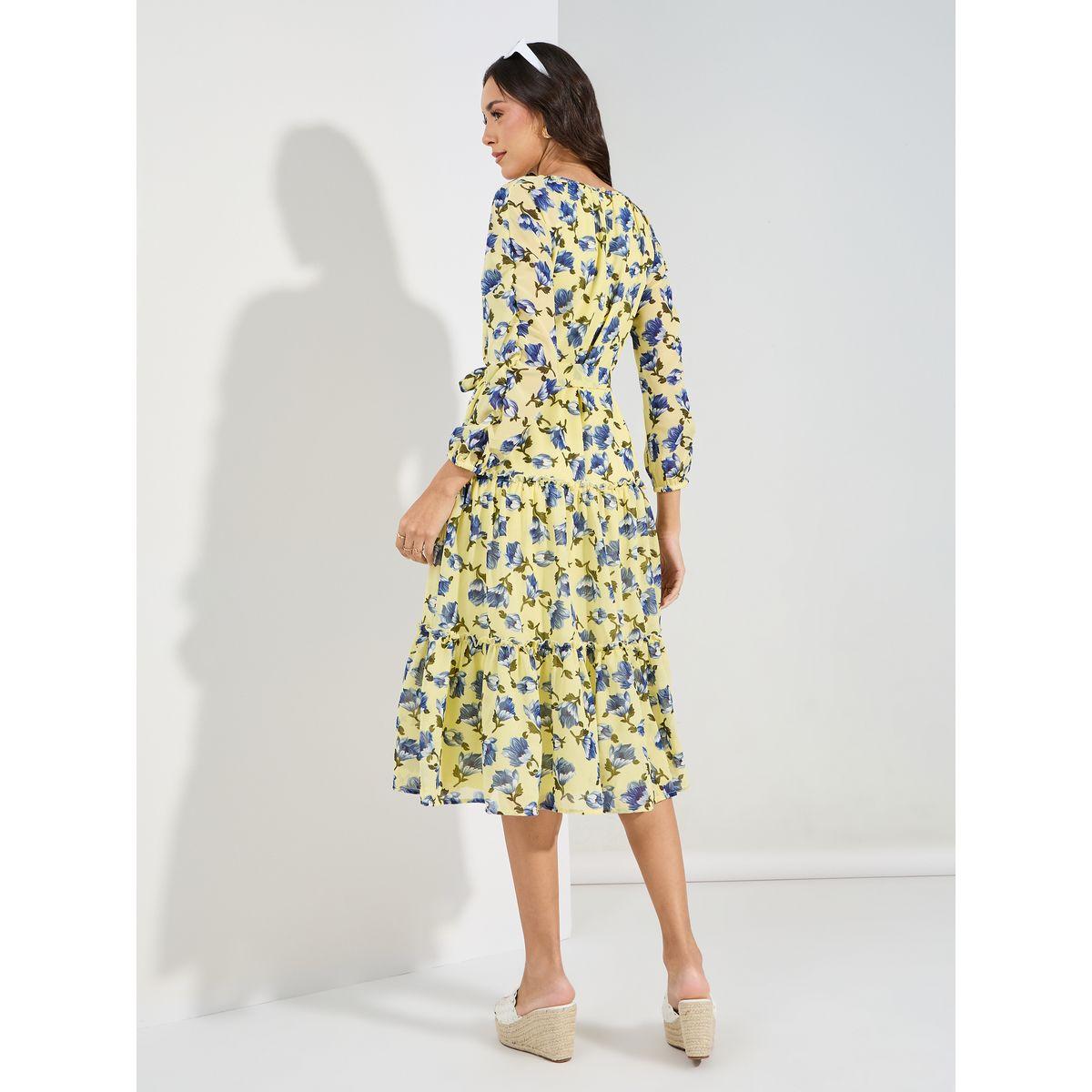 فستان ميدي بكسرات وطبعة زهور مع حزام خصر-women-clothing-dresses-image-4