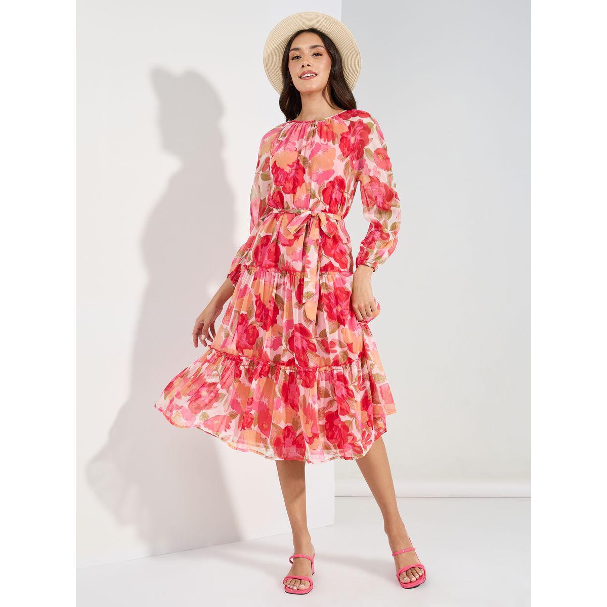 Styli Floral Tiered Midi Dress with Tie Belt-women-clothing-dresses-image-1