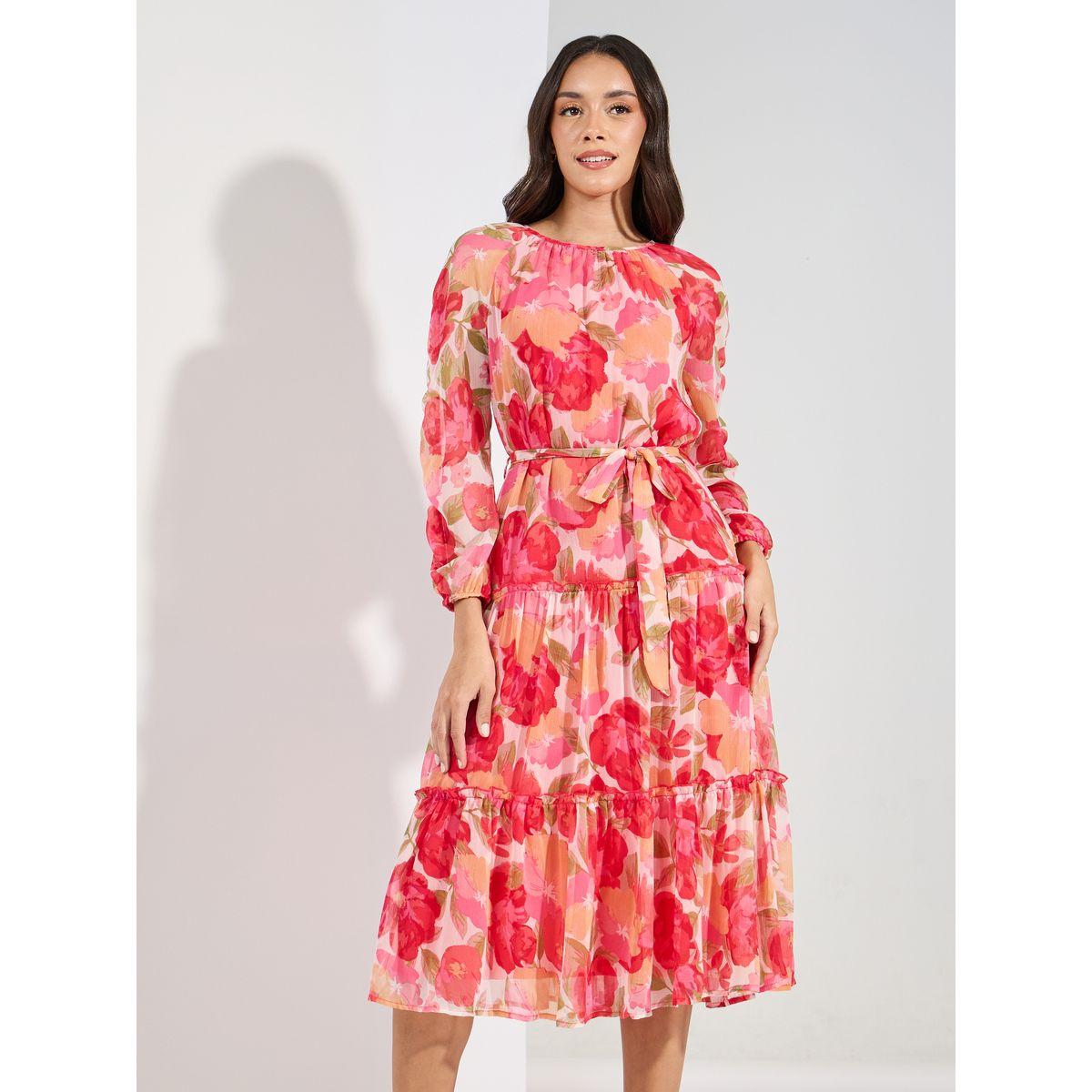 فستان ميدي بكسرات وطبعة زهور مع حزام خصر-women-clothing-dresses-image-2