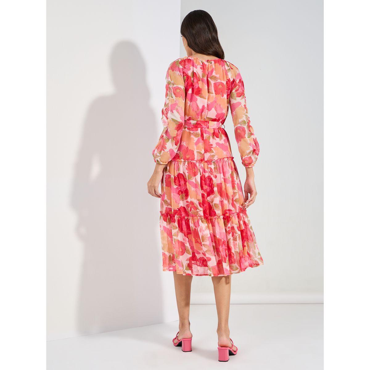 فستان ميدي بكسرات وطبعة زهور مع حزام خصر-women-clothing-dresses-image-4