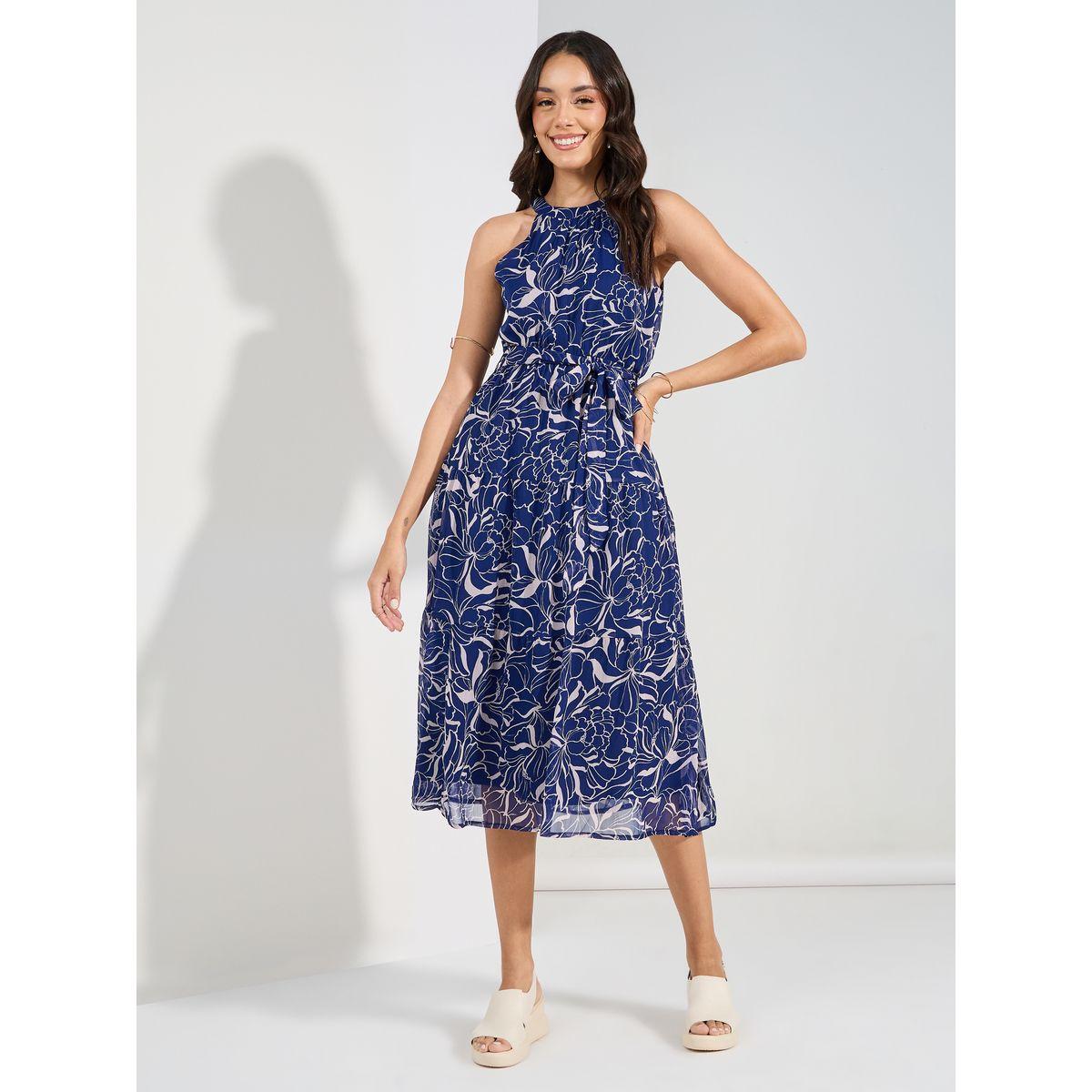 Styli Halter Neck Tiered Midi Dress with Tie Belt-women-clothing-dresses-image-1