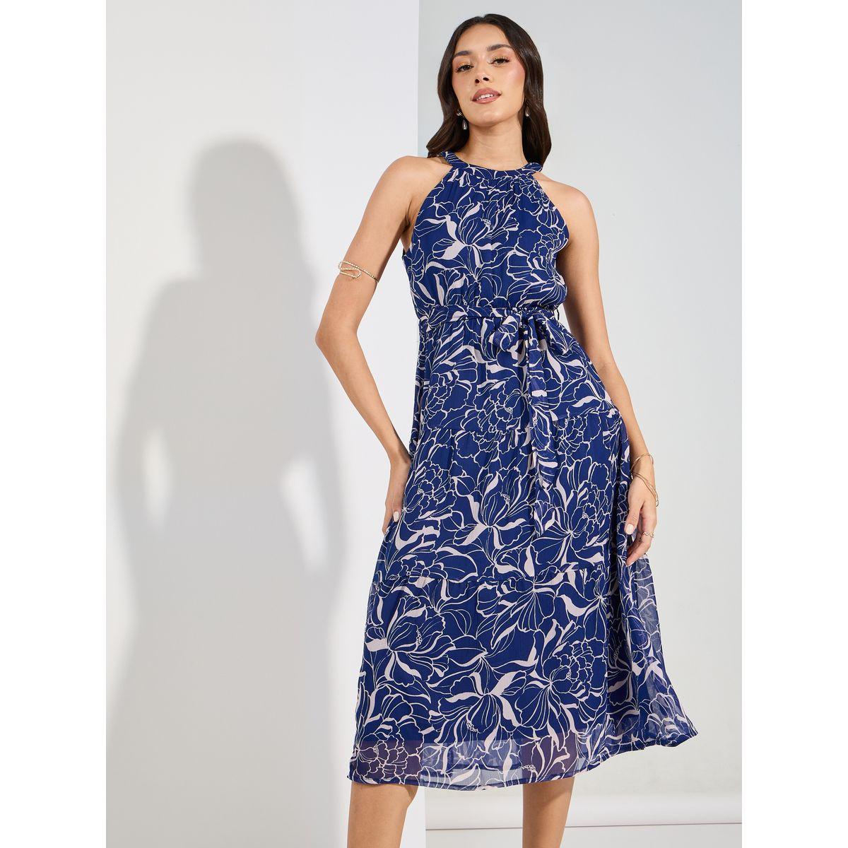 فستان ميدي بكسرات وياقة هولتر مع حزام خصر-women-clothing-dresses-image-2