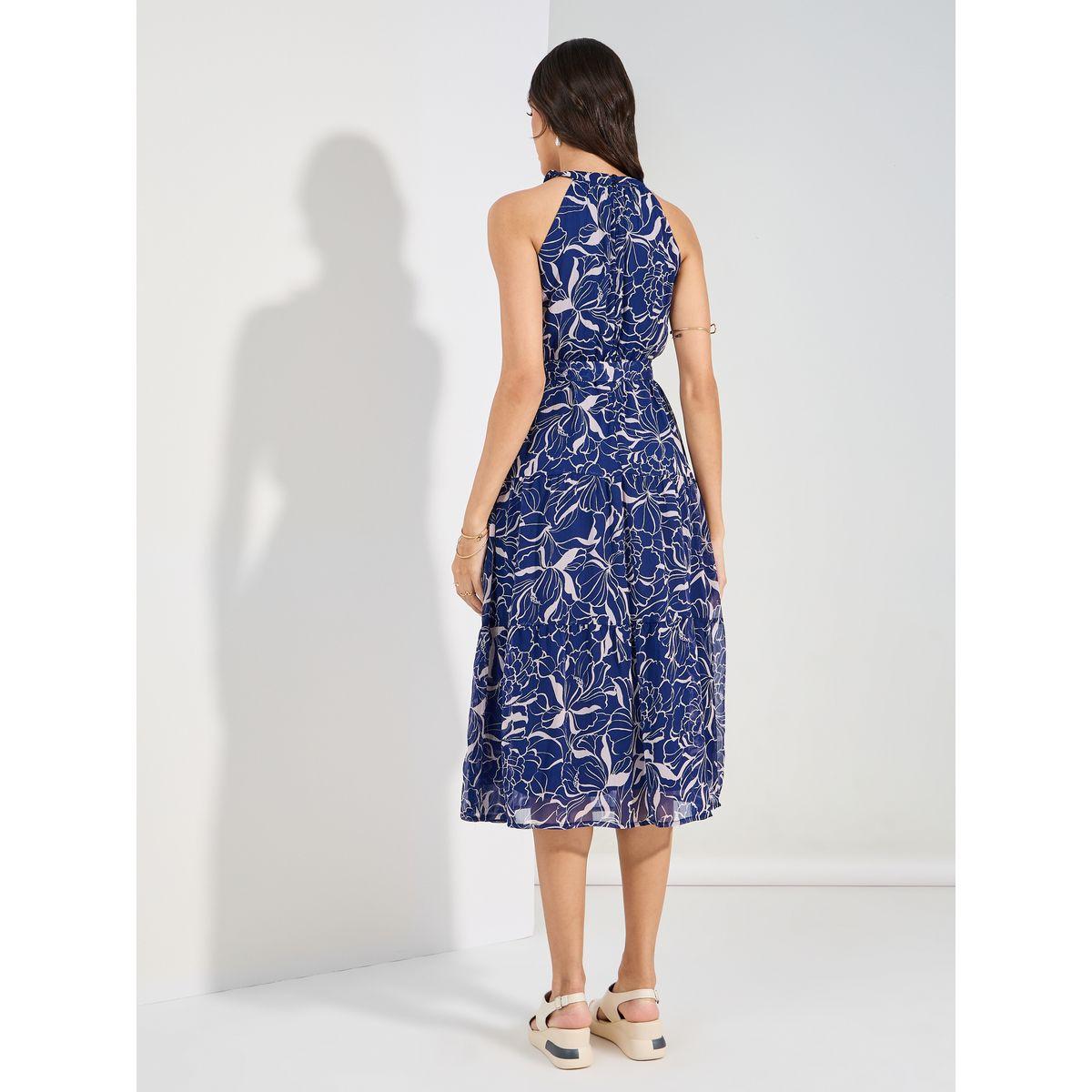 Styli Halter Neck Tiered Midi Dress with Tie Belt-women-clothing-dresses-image-4
