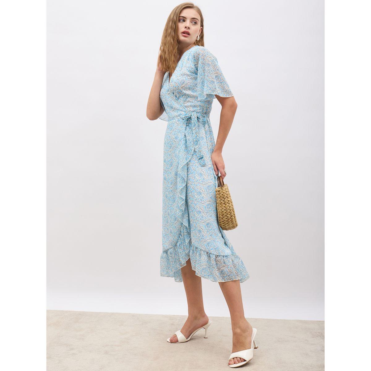 فستان ميدي بنمط لف وطبعة زهور مع كشكش-women-clothing-dresses-image-1