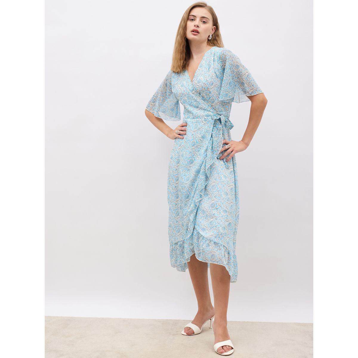 Styli Floral Print V Neck Wrap Midi Dress with Ruffle Hem-women-clothing-dresses-image-2