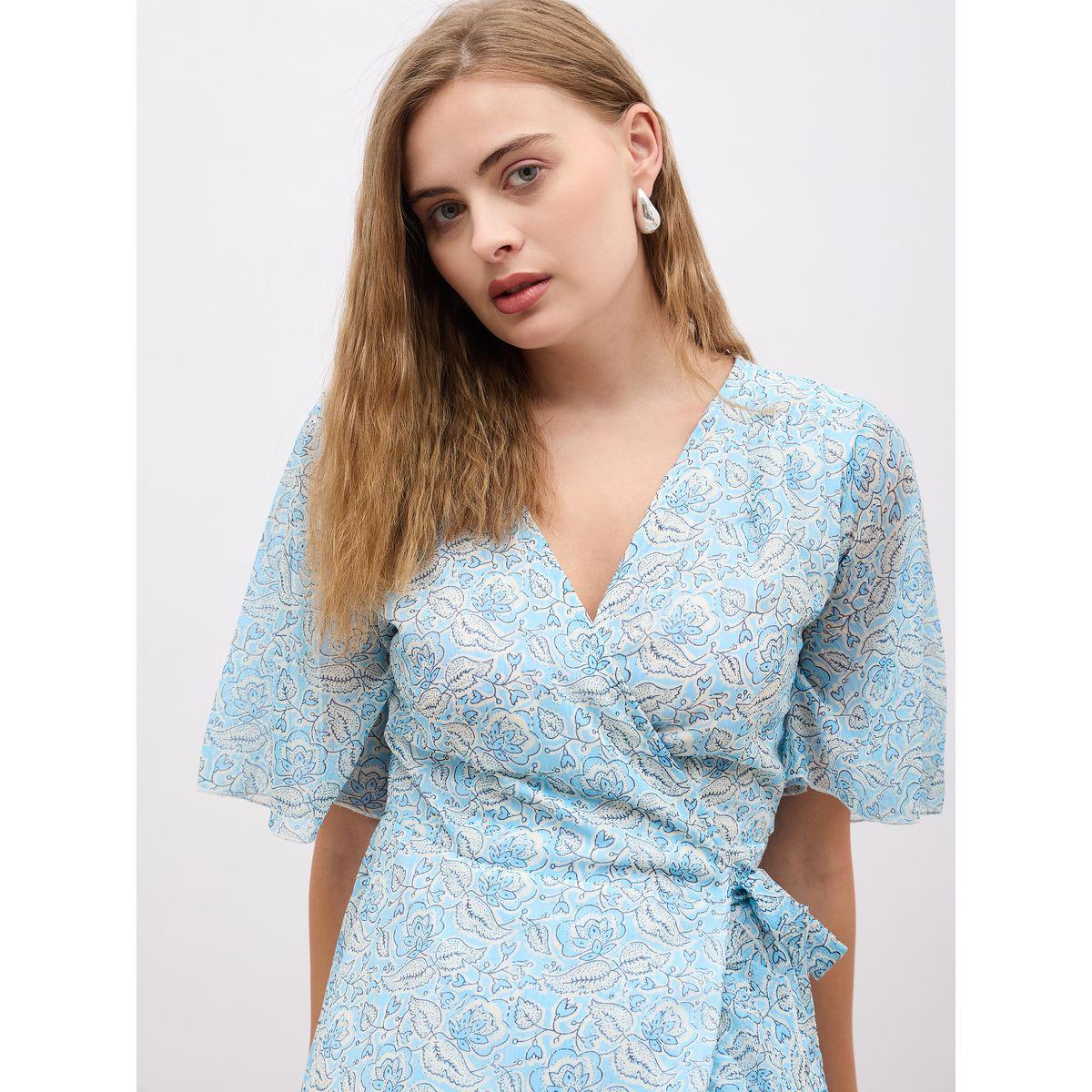 فستان ميدي بنمط لف وطبعة زهور مع كشكش-women-clothing-dresses-image-4