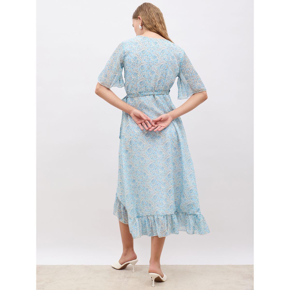 Styli Floral Print V Neck Wrap Midi Dress with Ruffle Hem-women-clothing-dresses-image-5