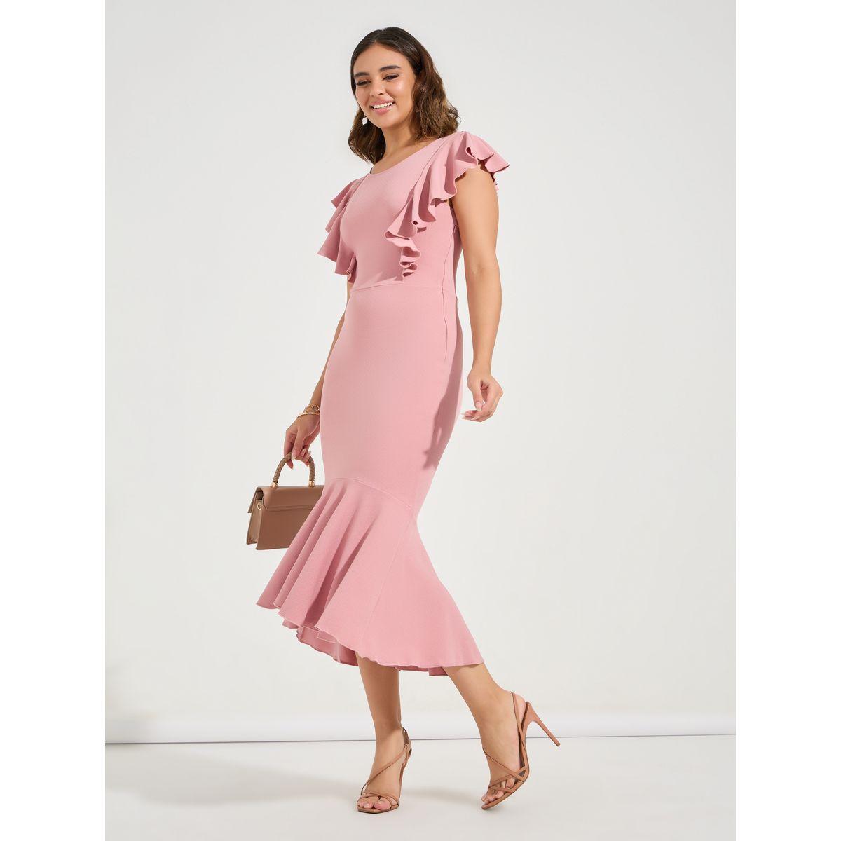 فستان ميدي بديكون بحافة ميرميد وكشكش-women-clothing-dresses-image-4