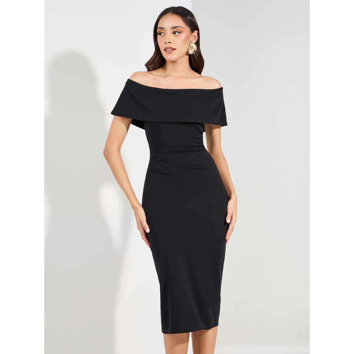 Styli  Plain Off Shoulder Neck Bodycon Midi Dress-women-clothing-dresses-image-1
